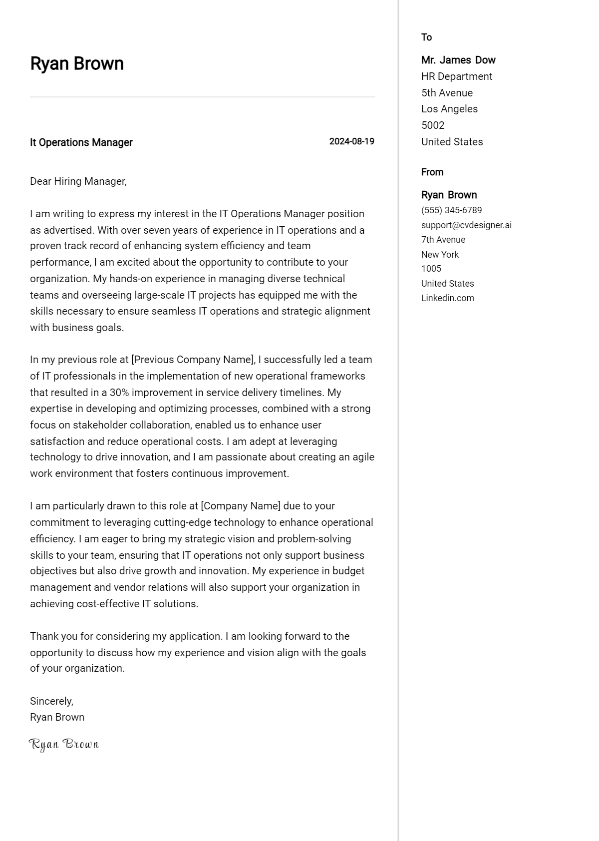 it operations manager cover letter example