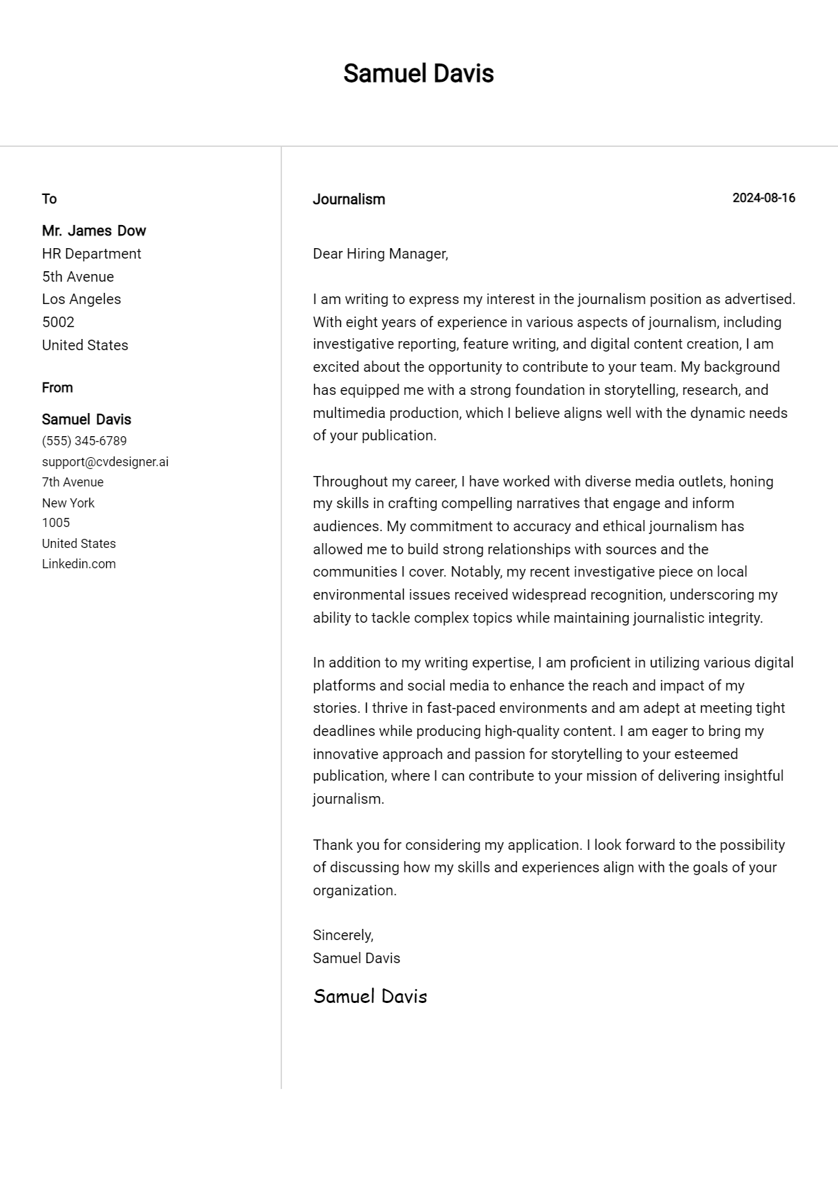 journalism cover letter example