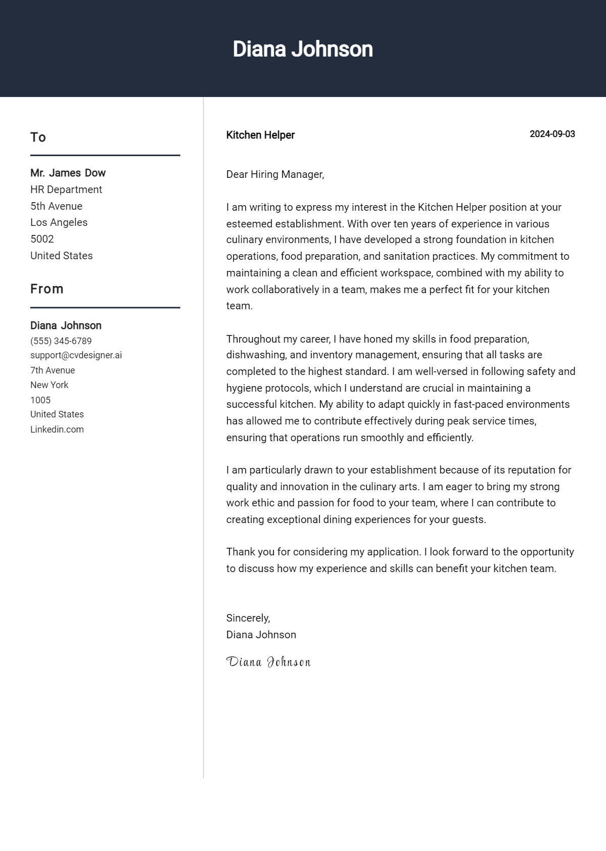 kitchen helper cover letter example