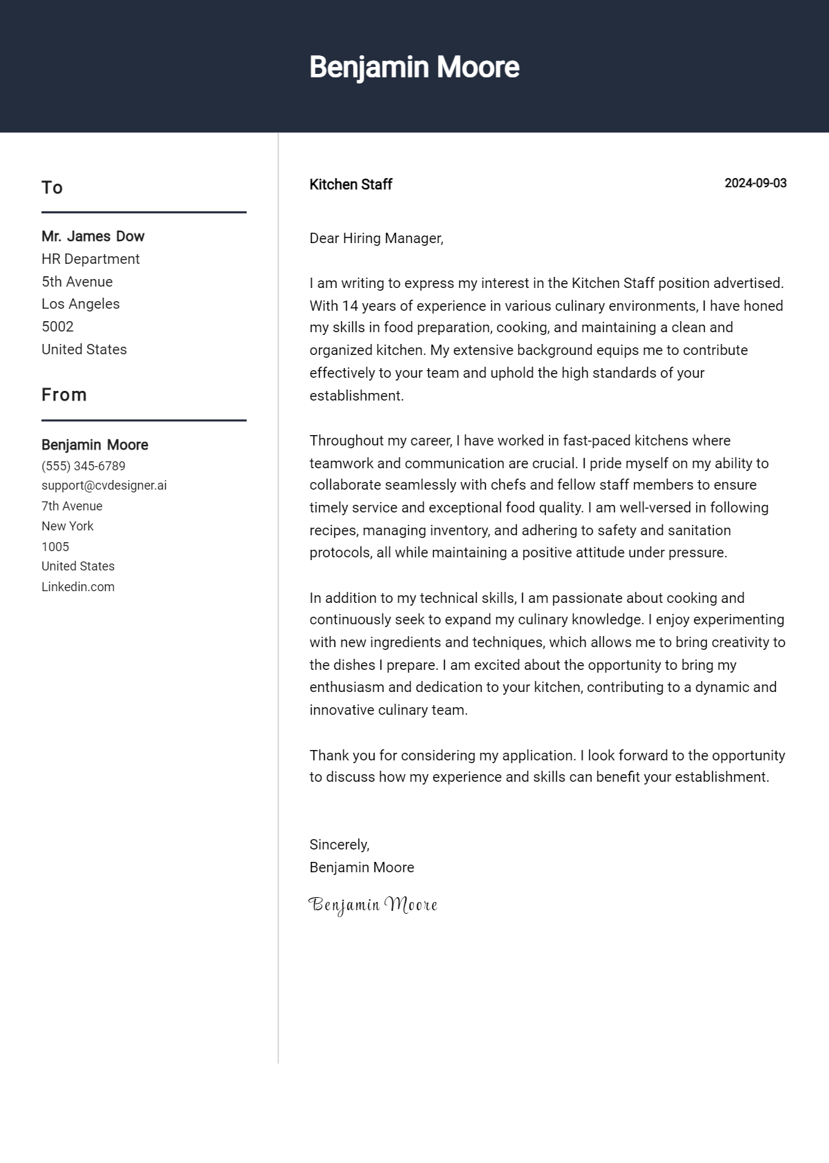 kitchen staff cover letter example