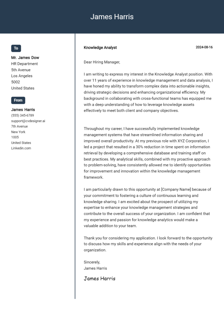 Knowledge Analyst Cover Letter Examples & Samples for 2024 - CVDesigner.ai