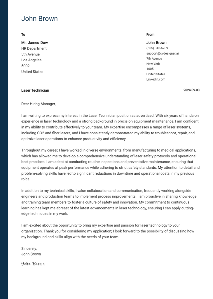 laser technician cover letter example