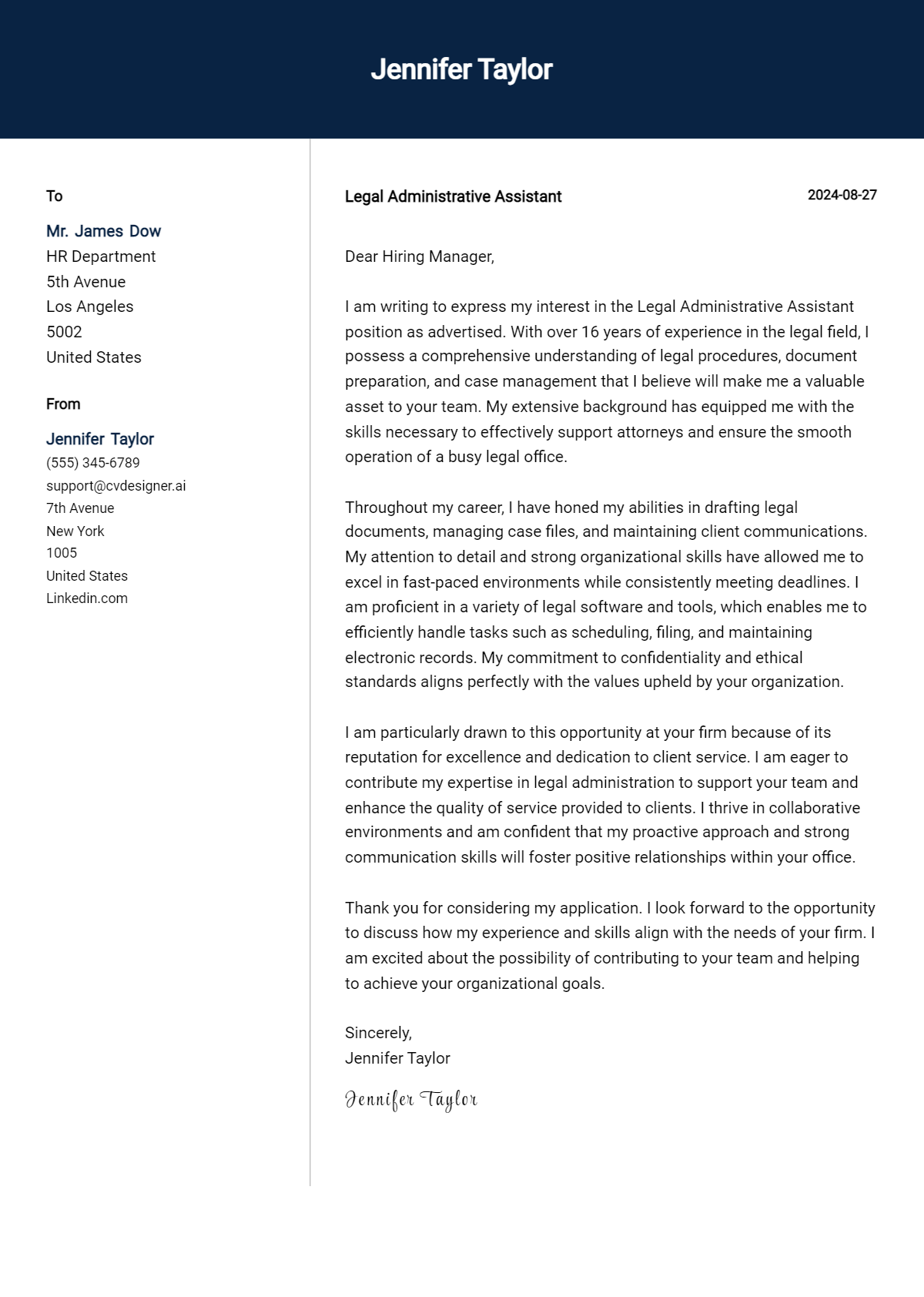 legal administrative assistant cover letter example