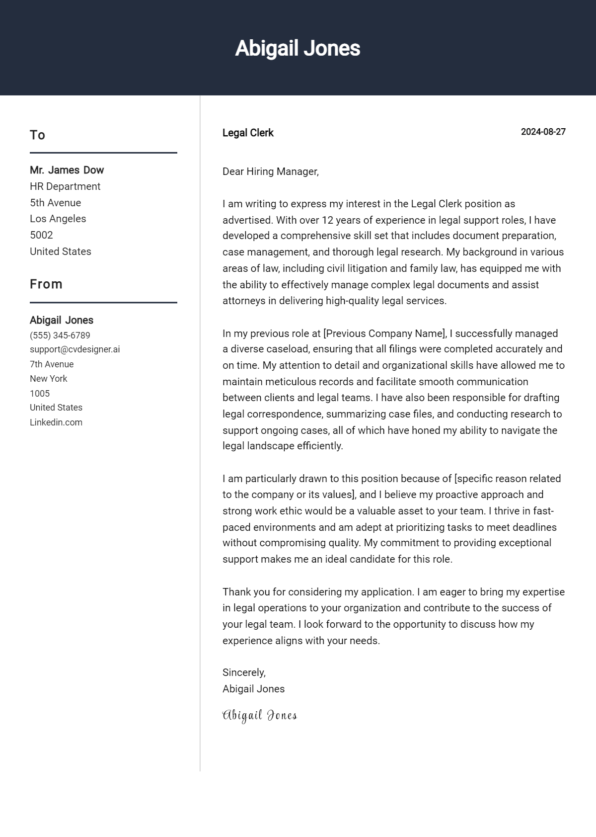 legal clerk cover letter example