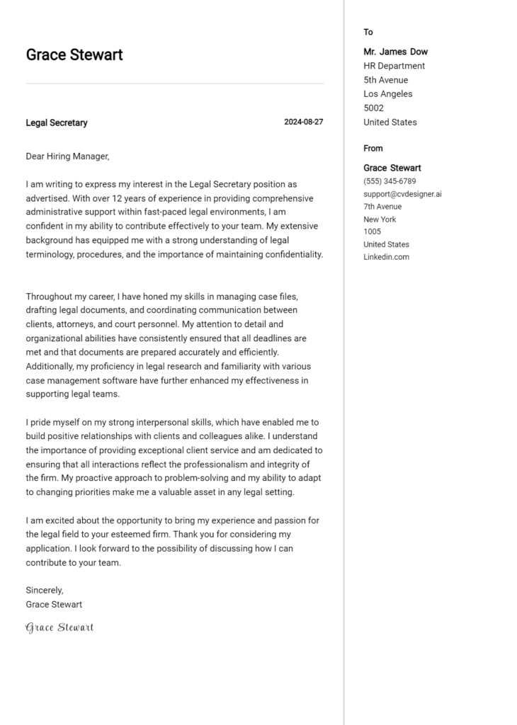 legal secretary cover letter example