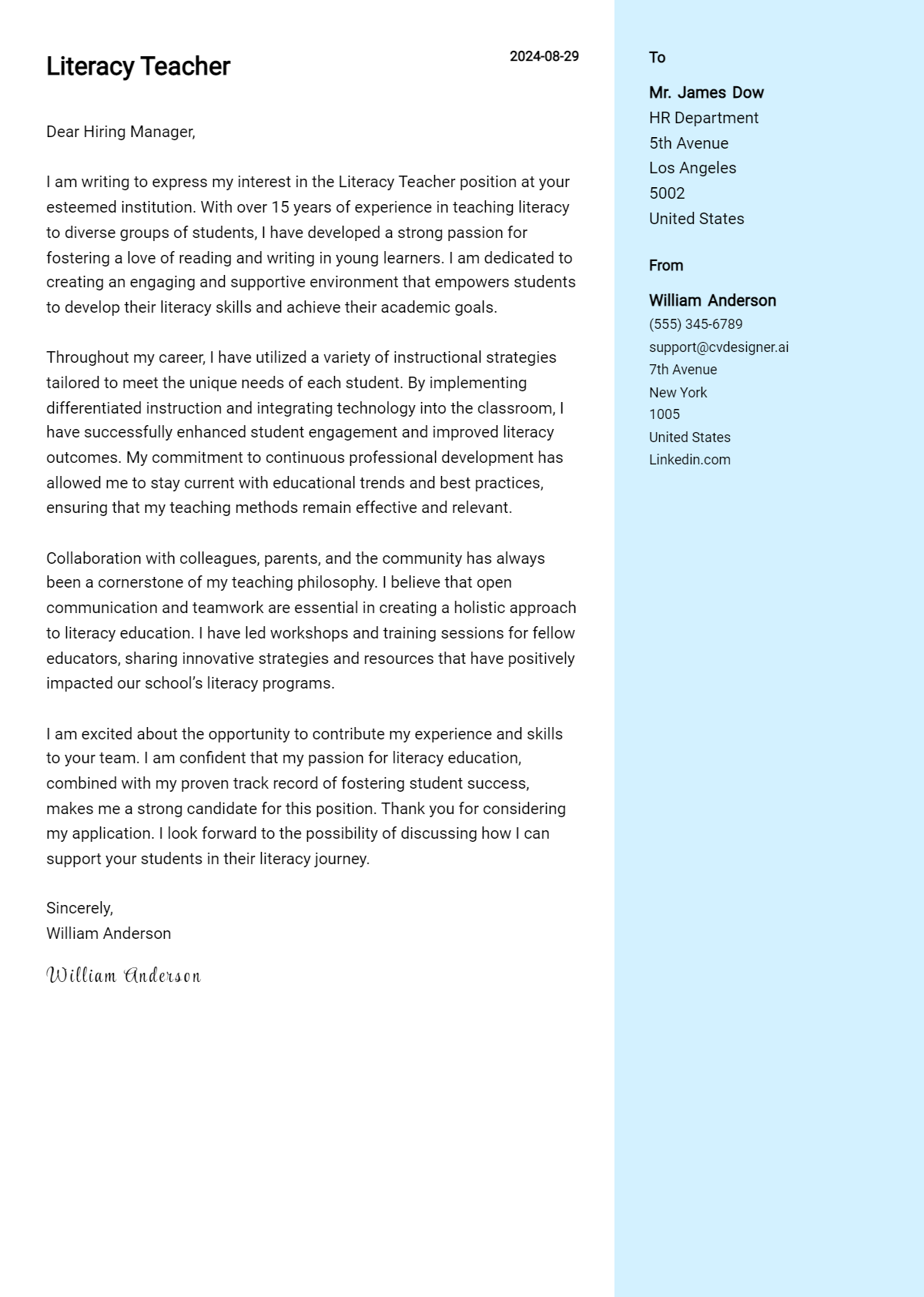 literacy teacher cover letter example