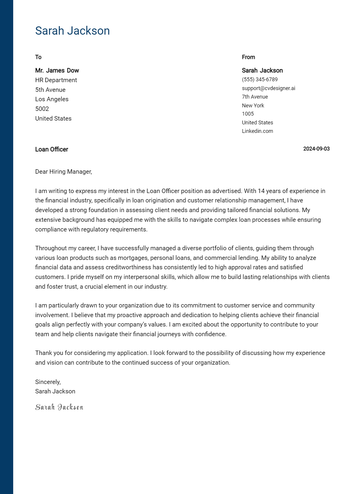 loan officer cover letter example