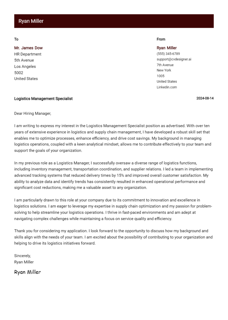 logistics management specialist cover letter example