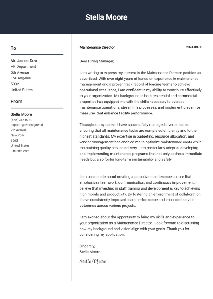 maintenance director cover letter example