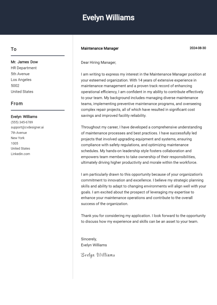 maintenance manager cover letter example