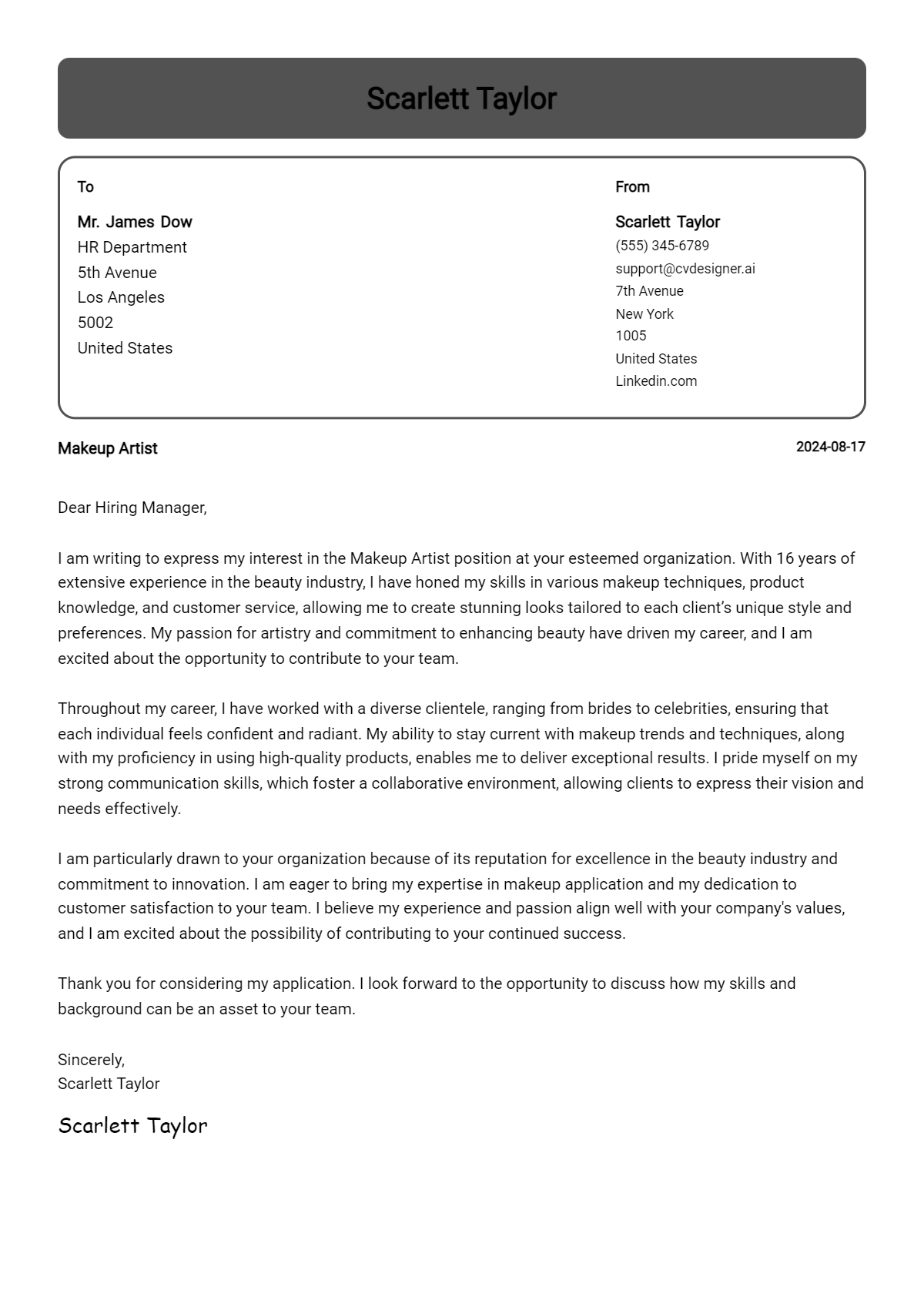 makeup artist cover letter example