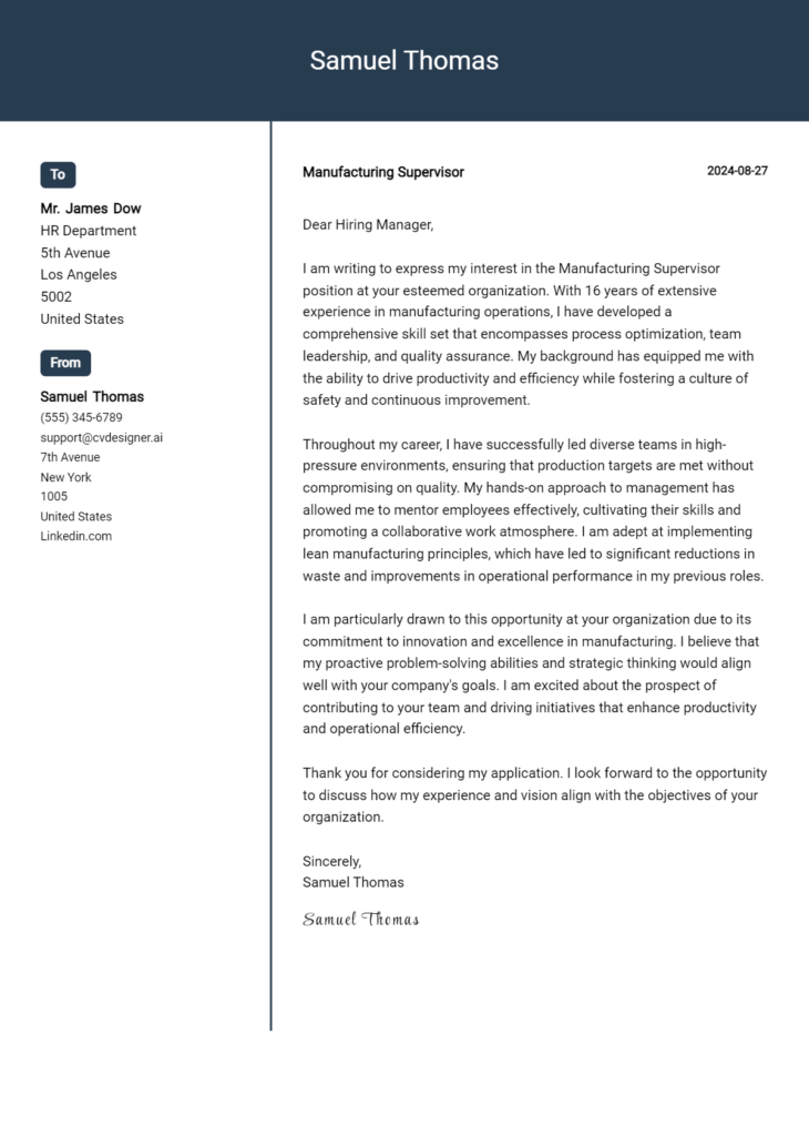 manufacturing supervisor cover letter example