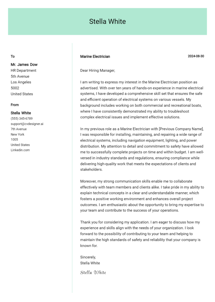 marine electrician cover letter example