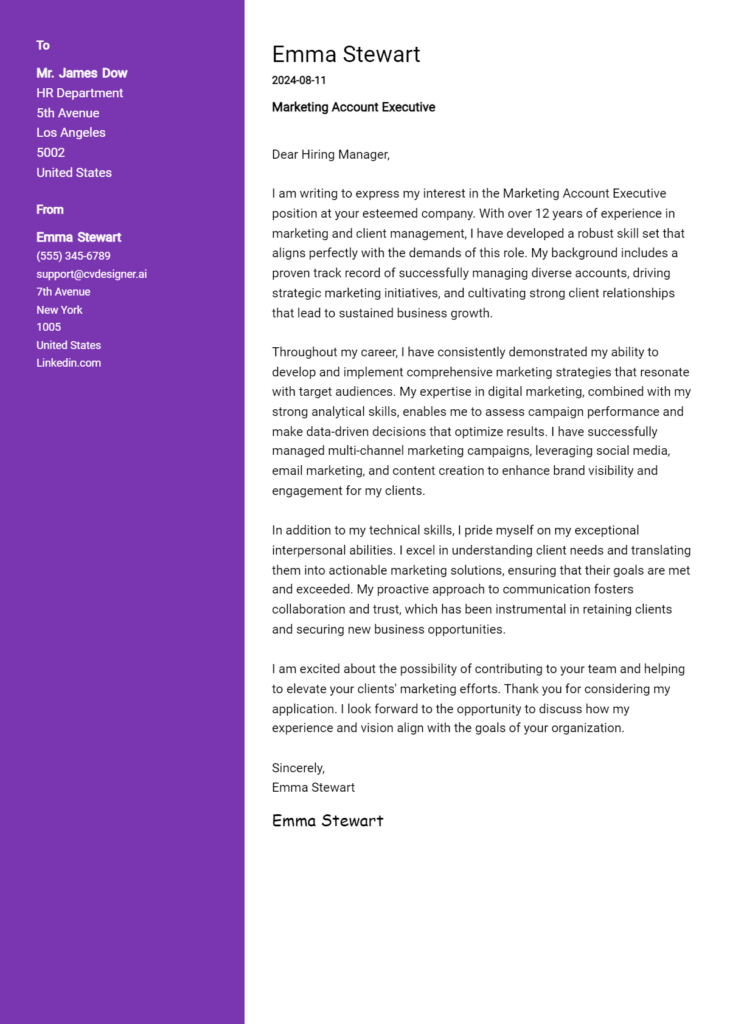 19 Marketing Officer Cover Letter Examples For 2025 Writing Guide Marketing Account Executive Cover Letter Example 730x1024