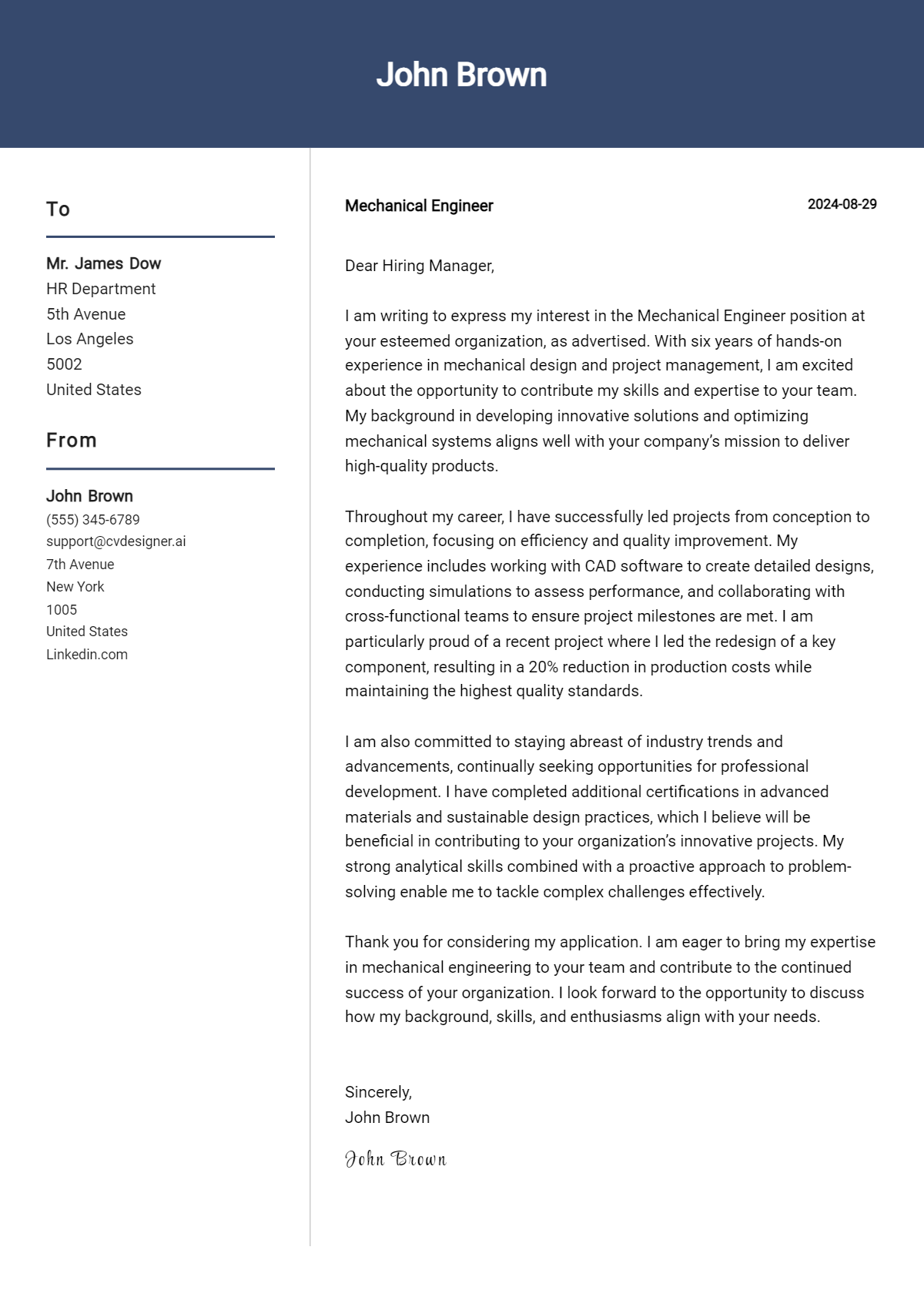 mechanical engineer cover letter example