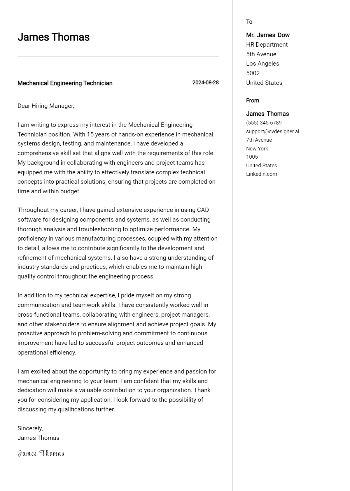 mechanical engineering technician cover letter example