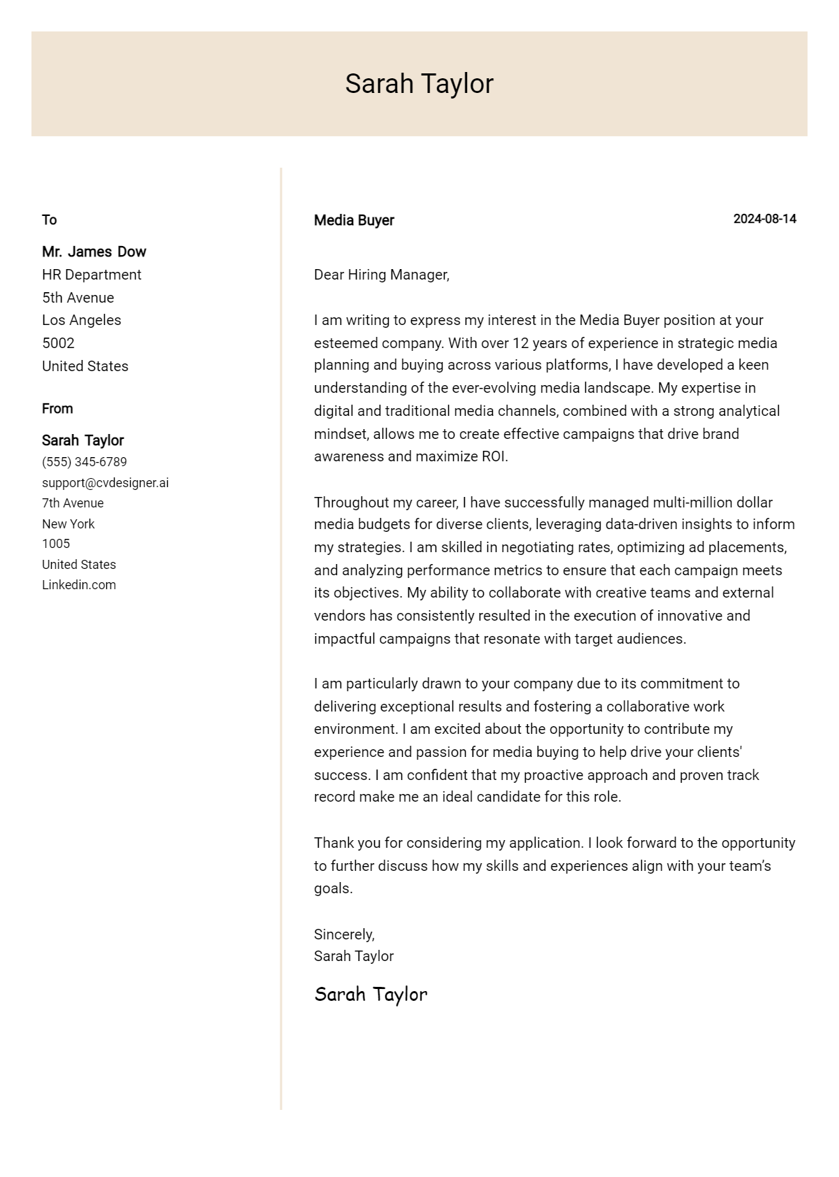 media buyer cover letter example