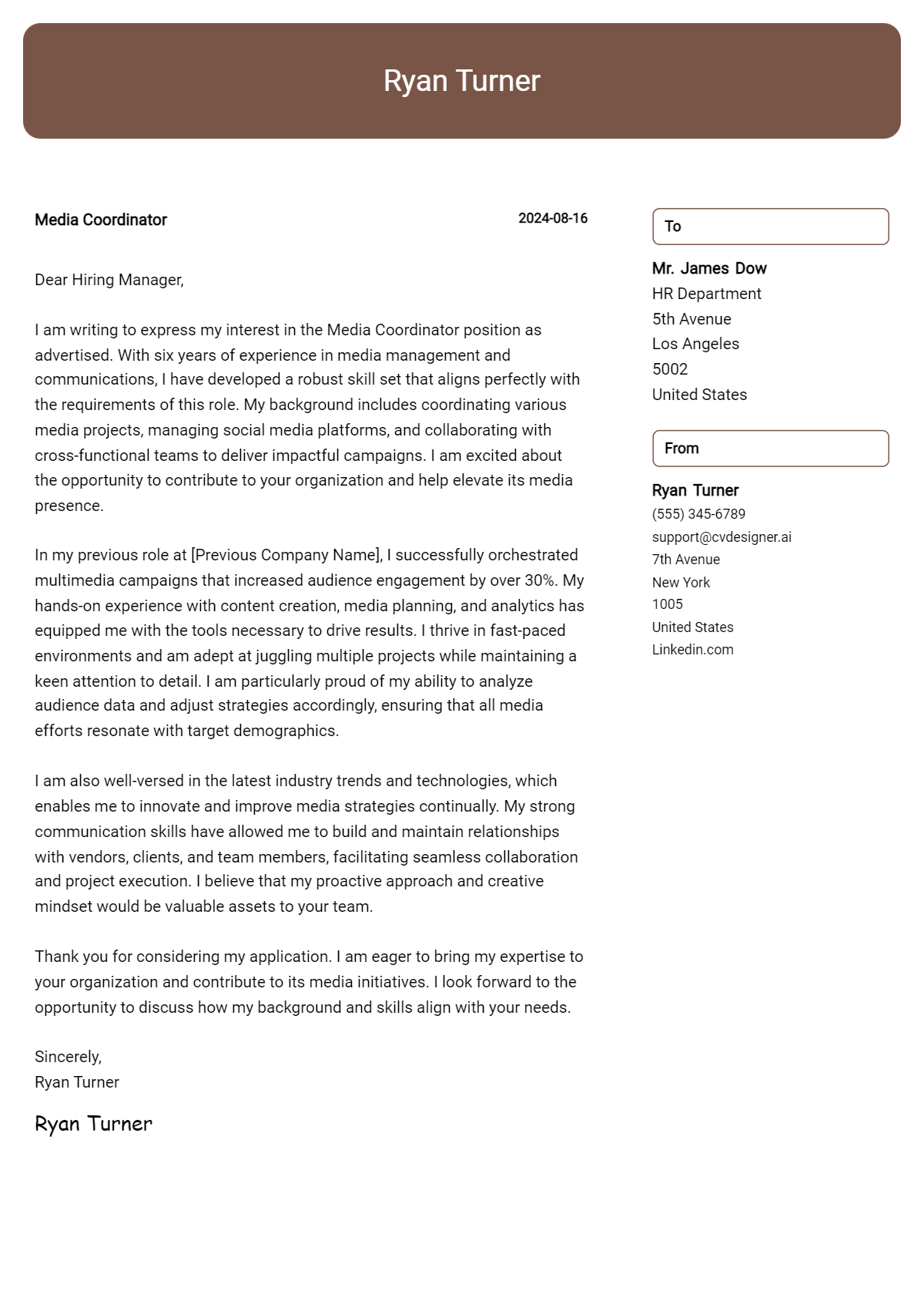 media coordinator cover letter example