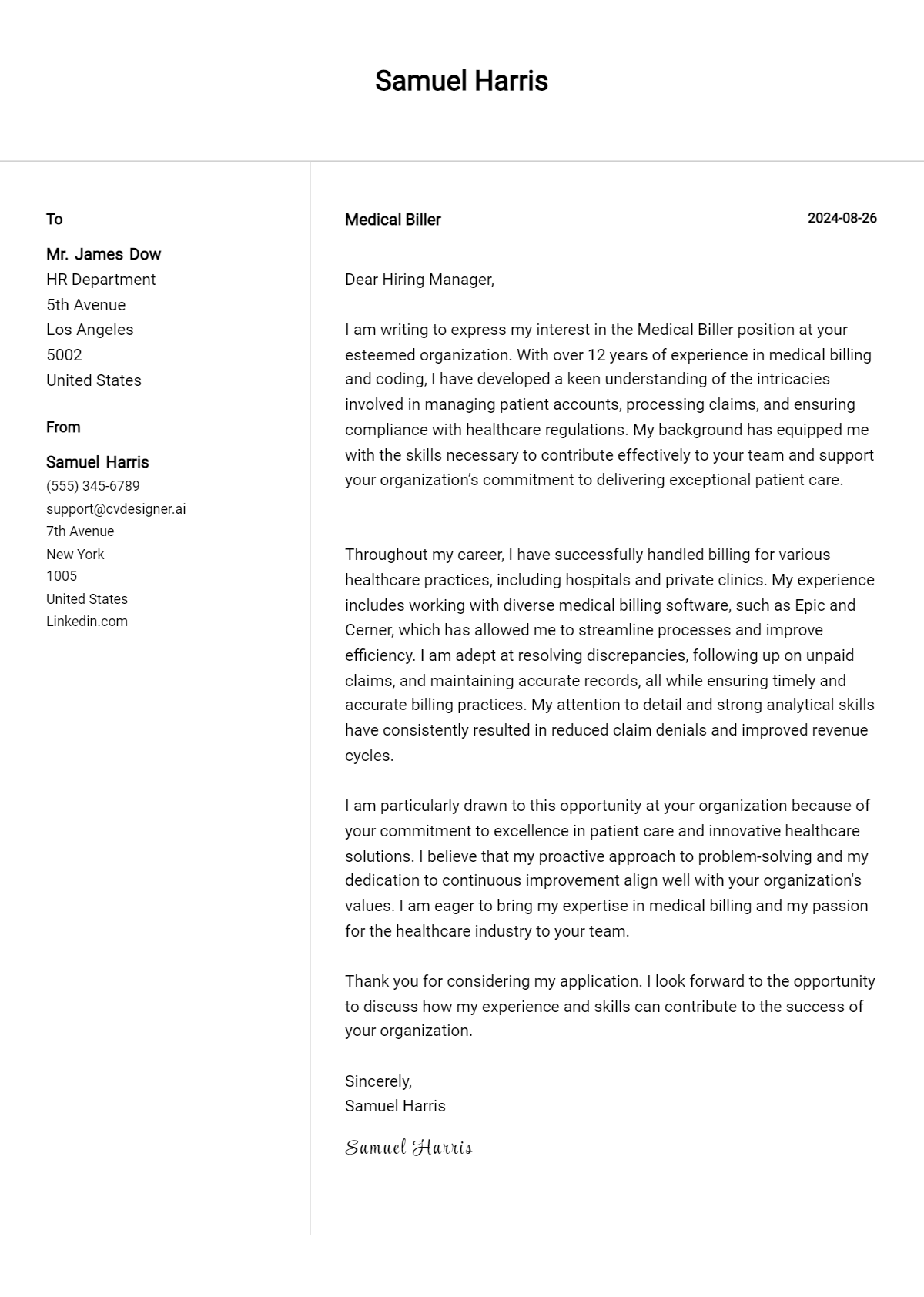 medical biller cover letter example