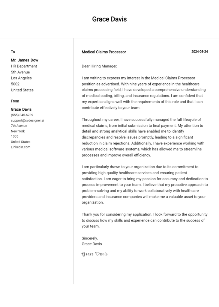 medical claims processor cover letter example