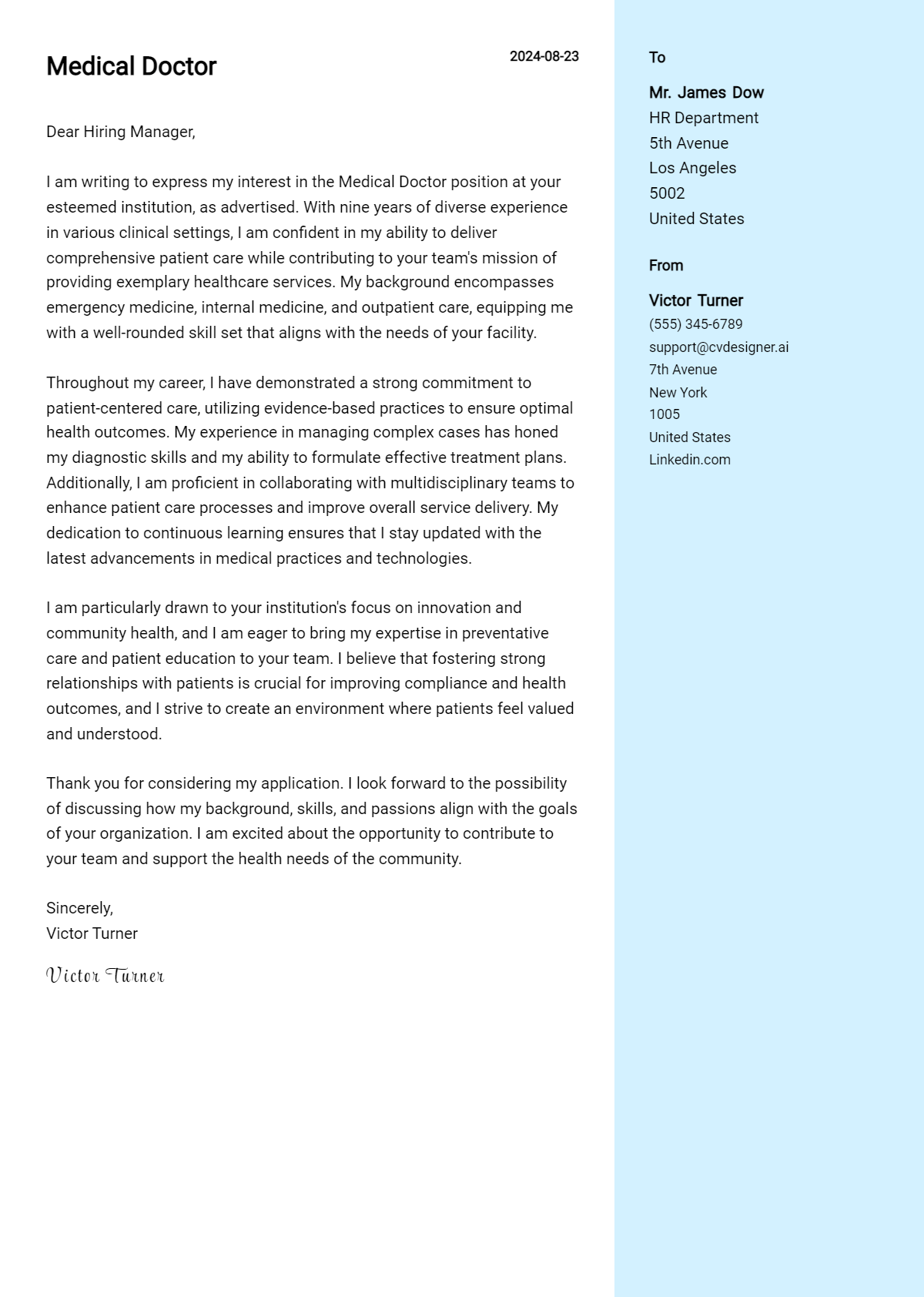 medical doctor cover letter example