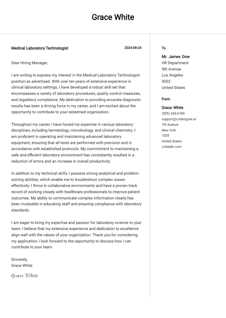 medical laboratory technologist cover letter example