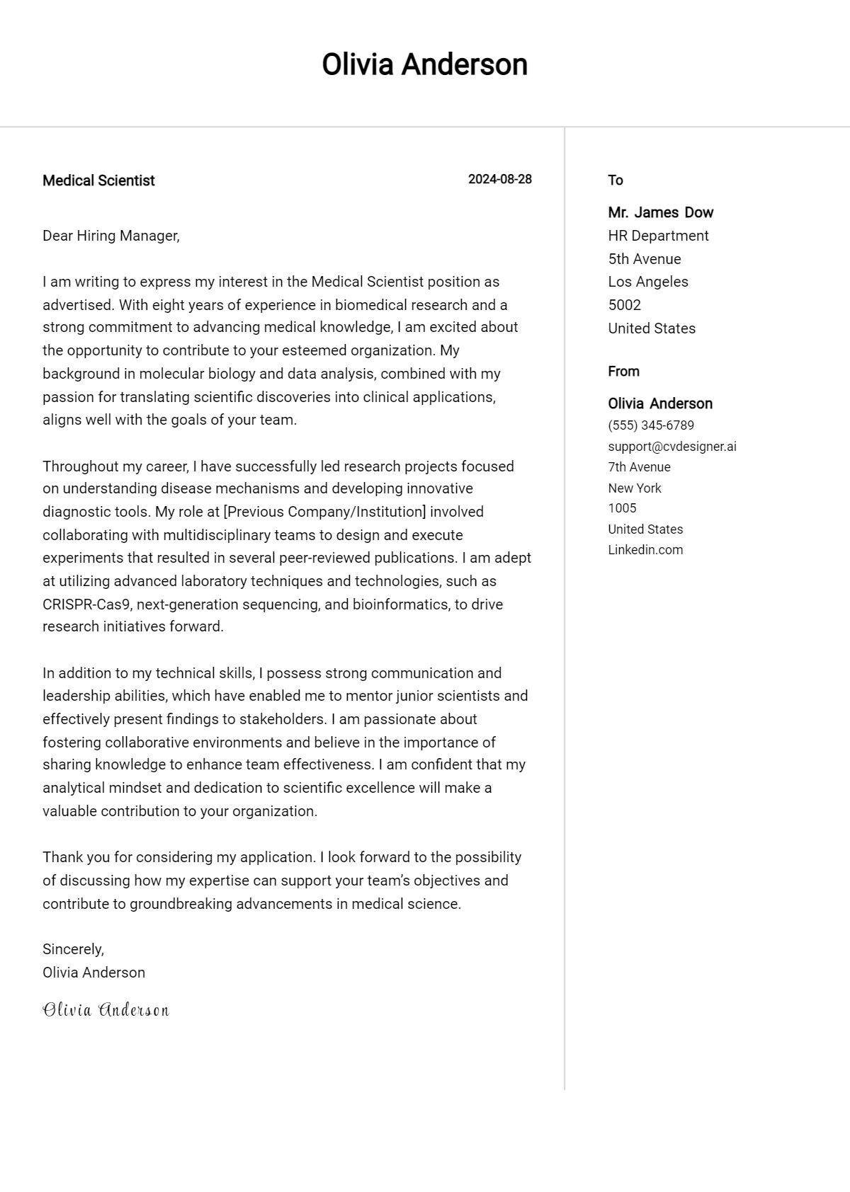 medical scientist cover letter example