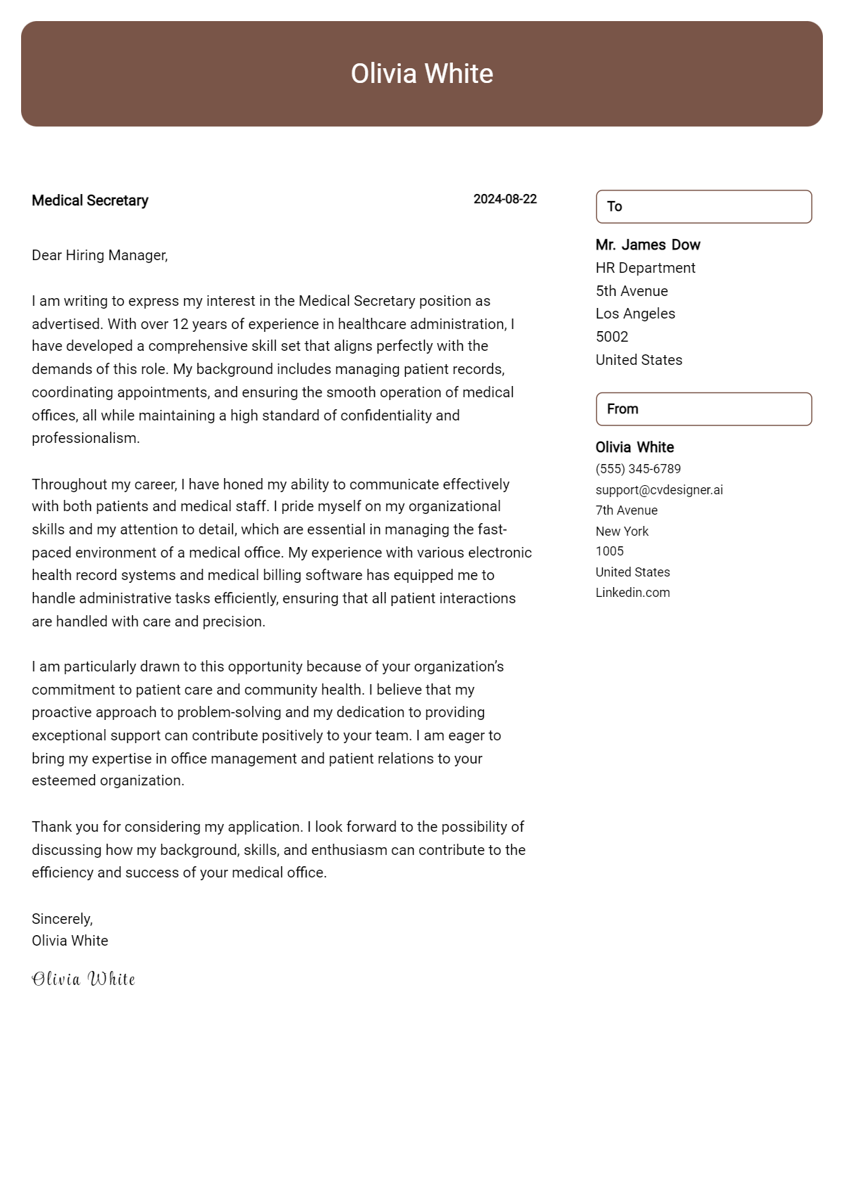 medical secretary cover letter example