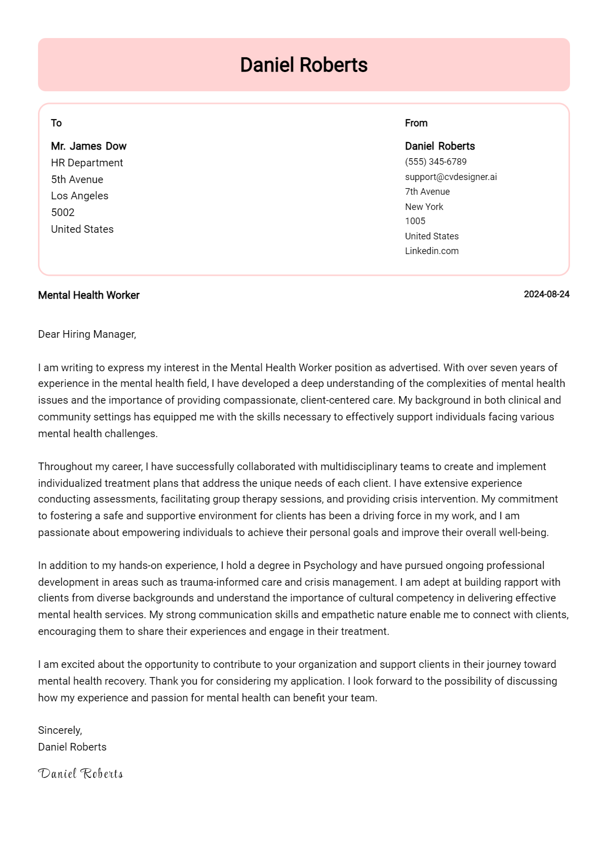 mental health worker cover letter example