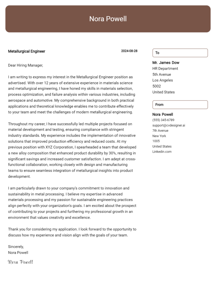 metallurgical engineer cover letter example