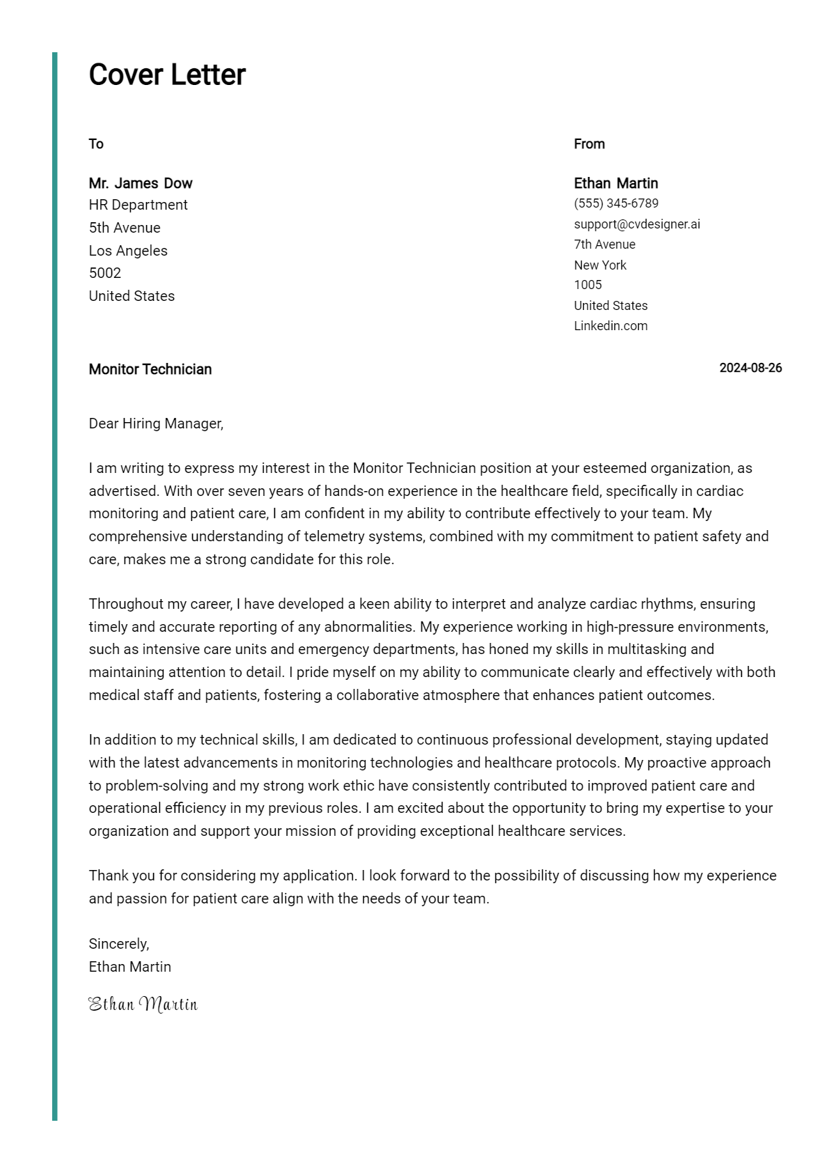 Monitor Technician Cover Letter Examples And Templates For 2025 Monitor Technician Cover Letter Example