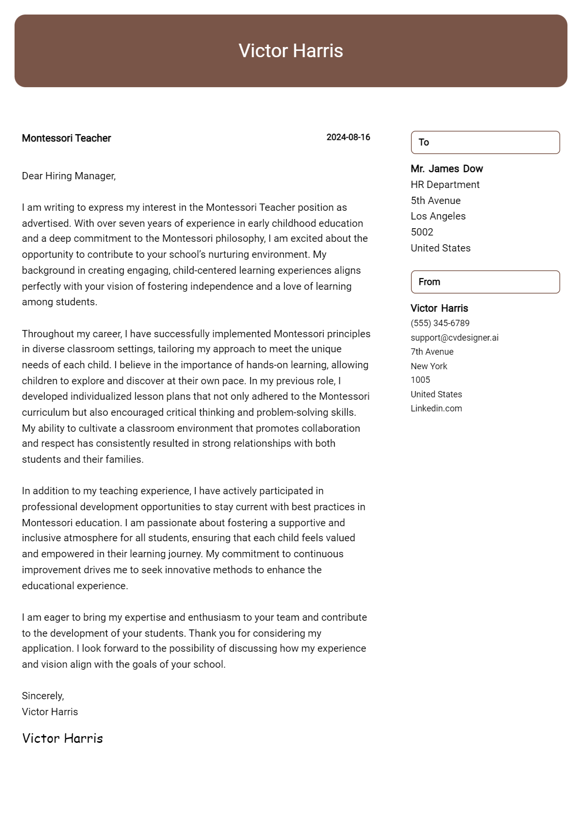 montessori teacher cover letter example