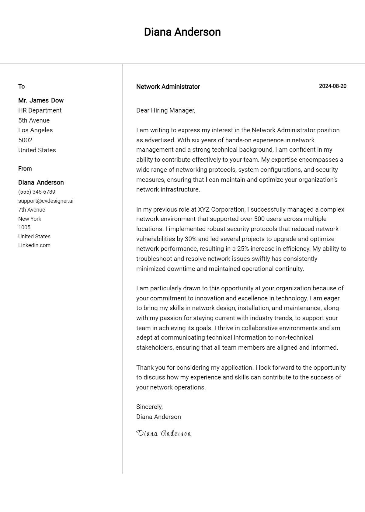 network administrator cover letter example