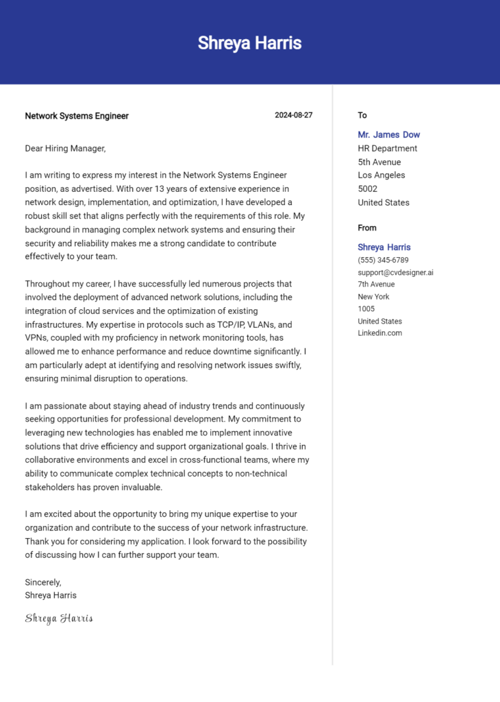 network systems engineer cover letter example