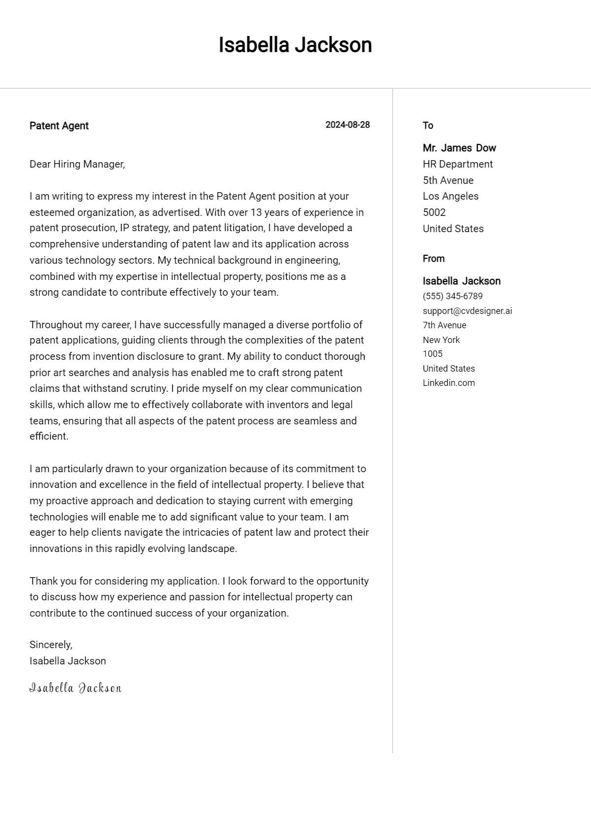 patent agent cover letter example