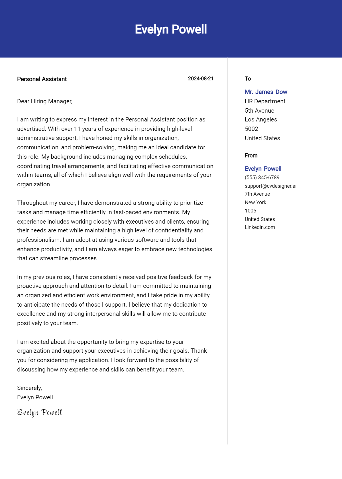 personal assistant cover letter example