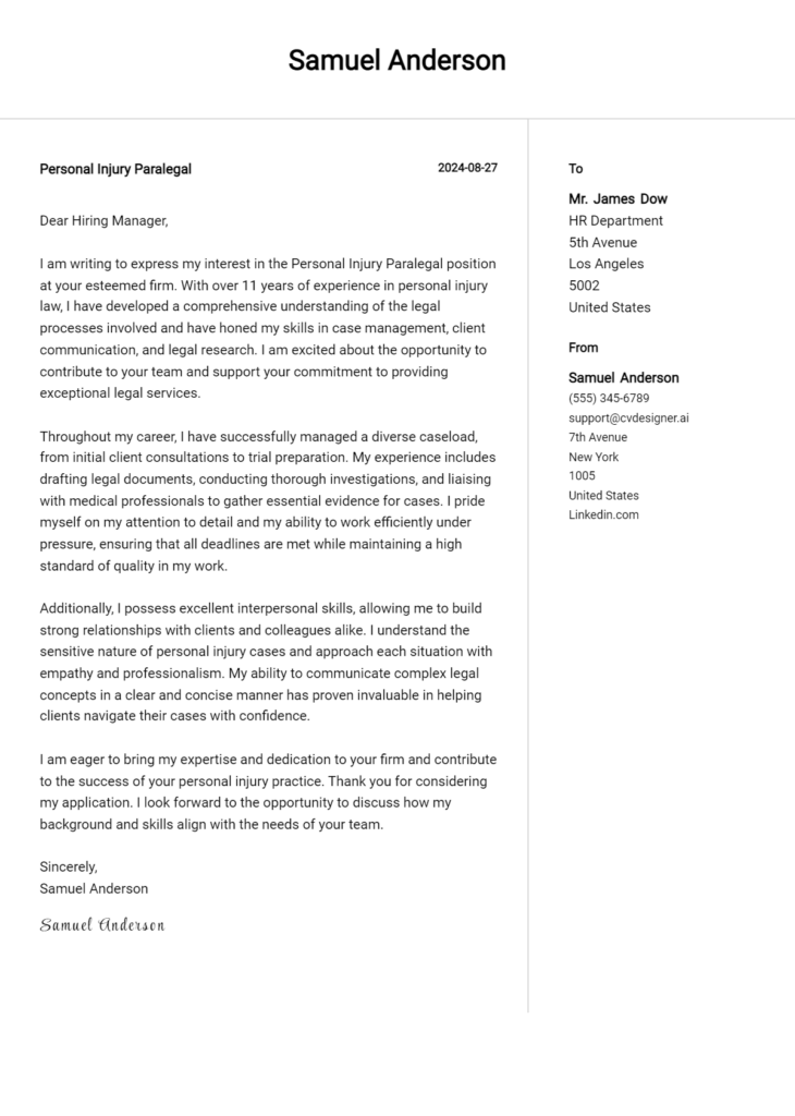 personal injury paralegal cover letter example