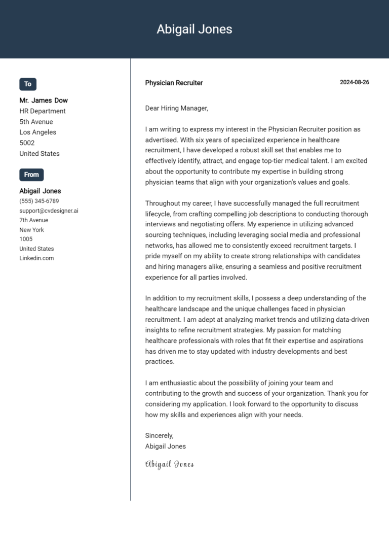 Physician Recruiter Cover Letter Example for 2024 (Complete Writing ...