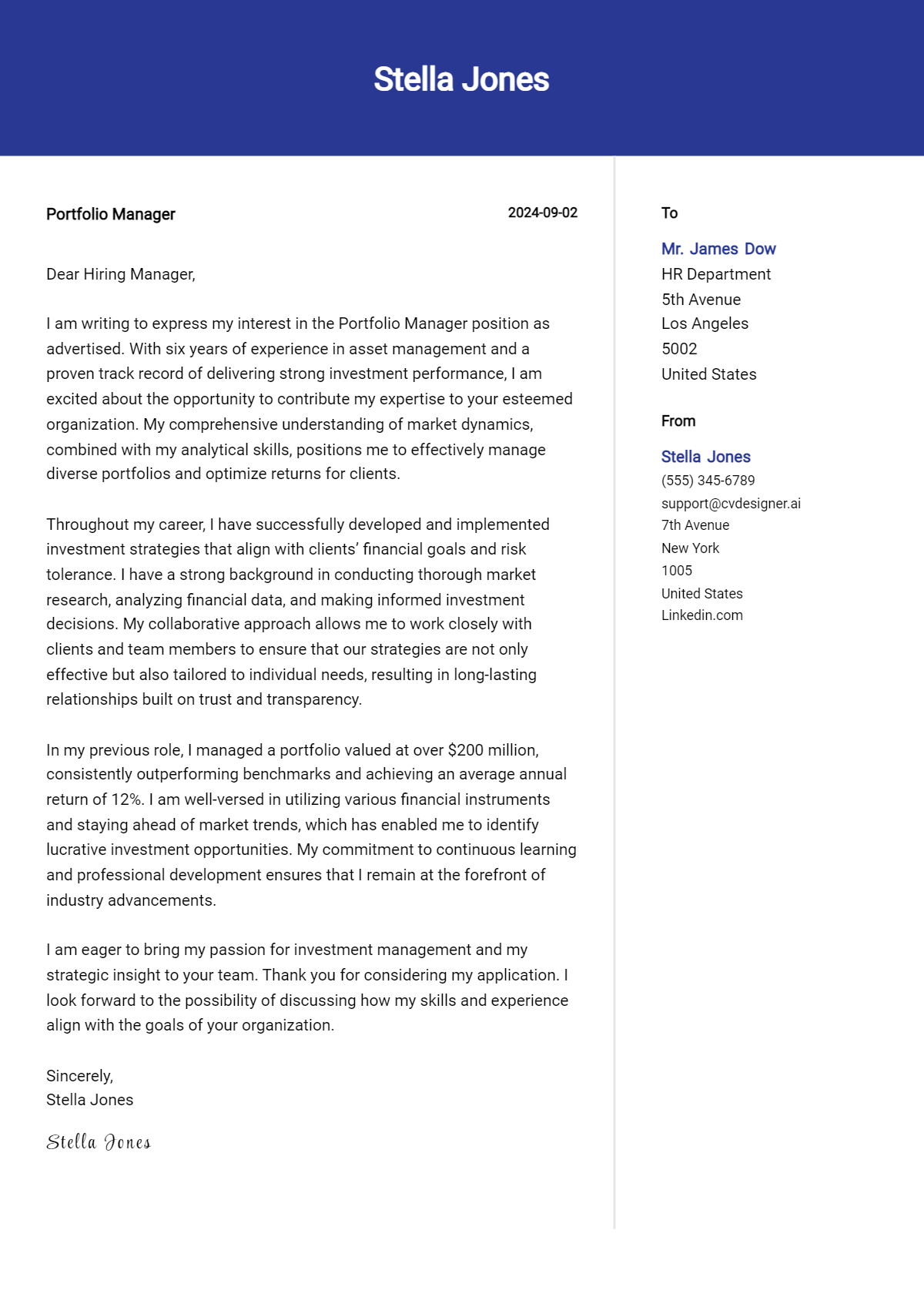 portfolio manager cover letter example