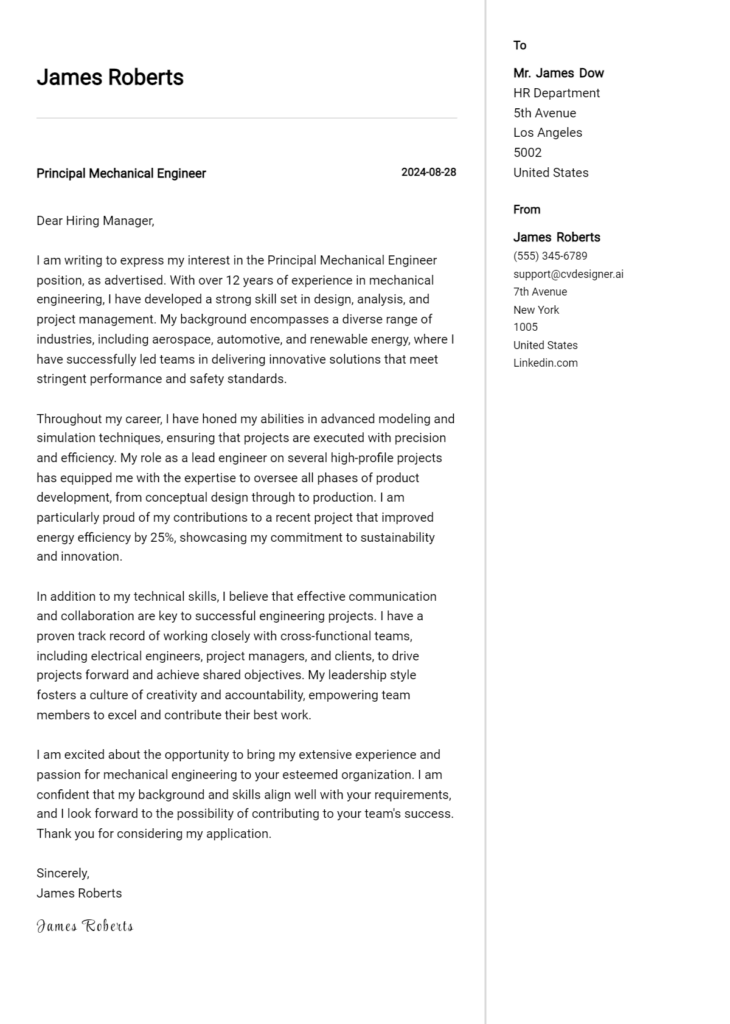 principal mechanical engineer cover letter example