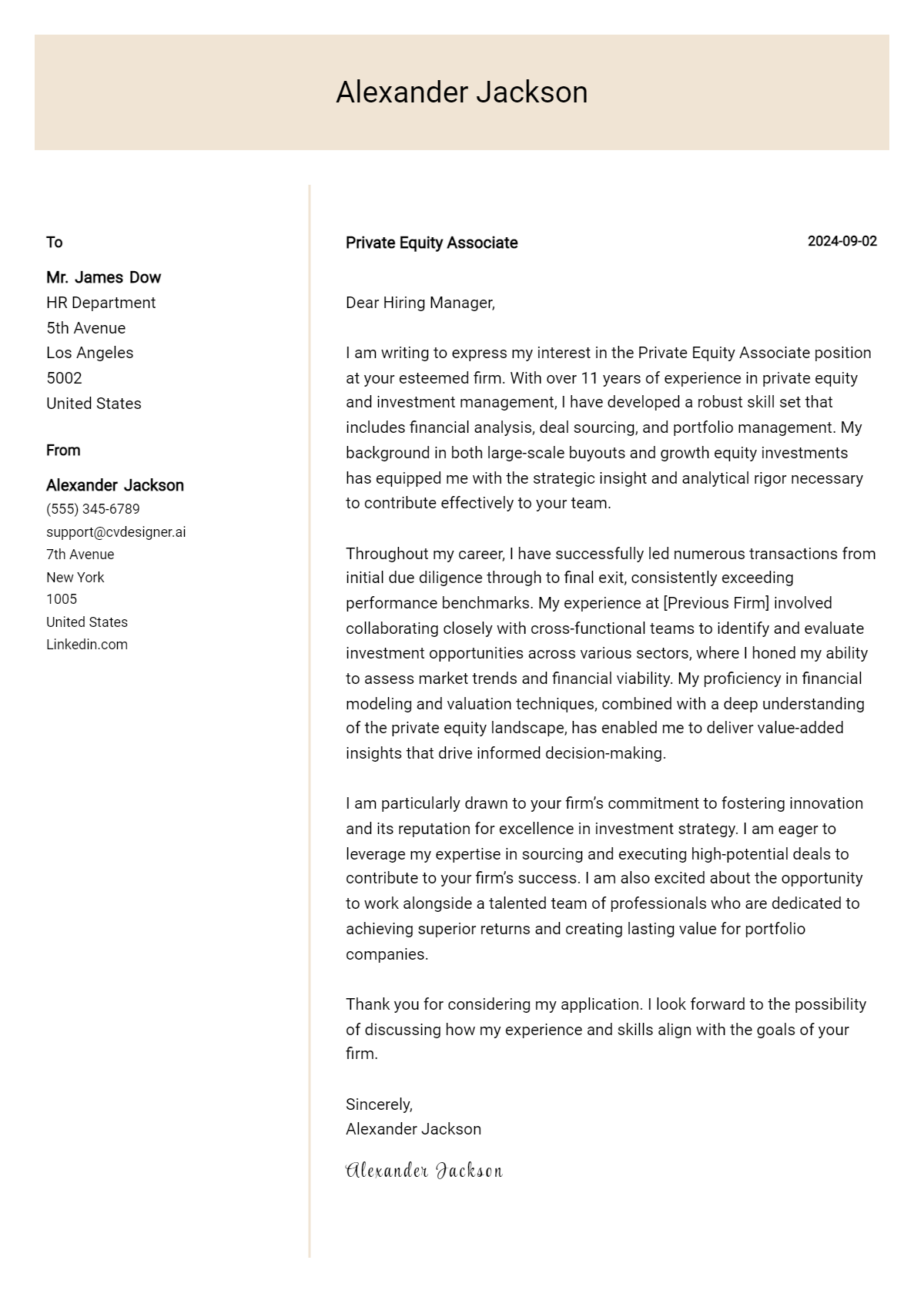 private equity associate cover letter example