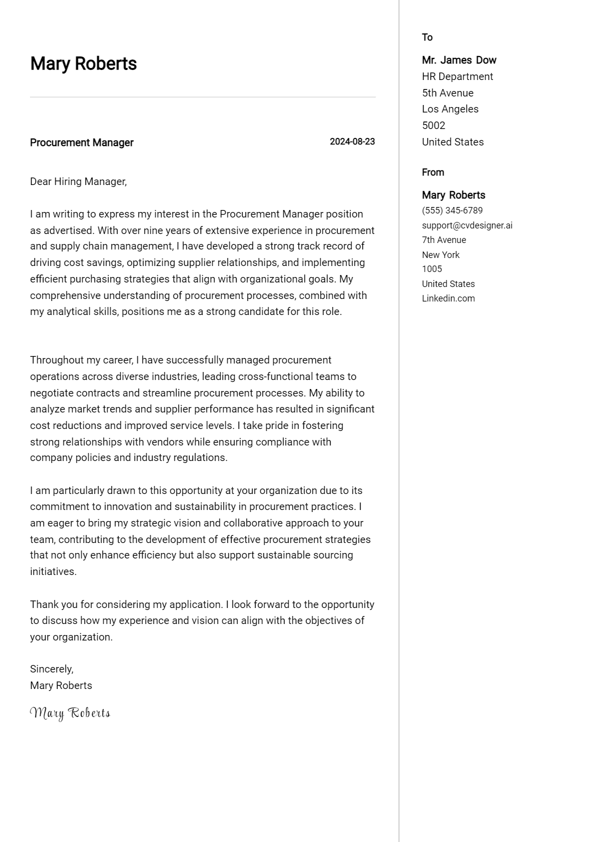 procurement manager cover letter example