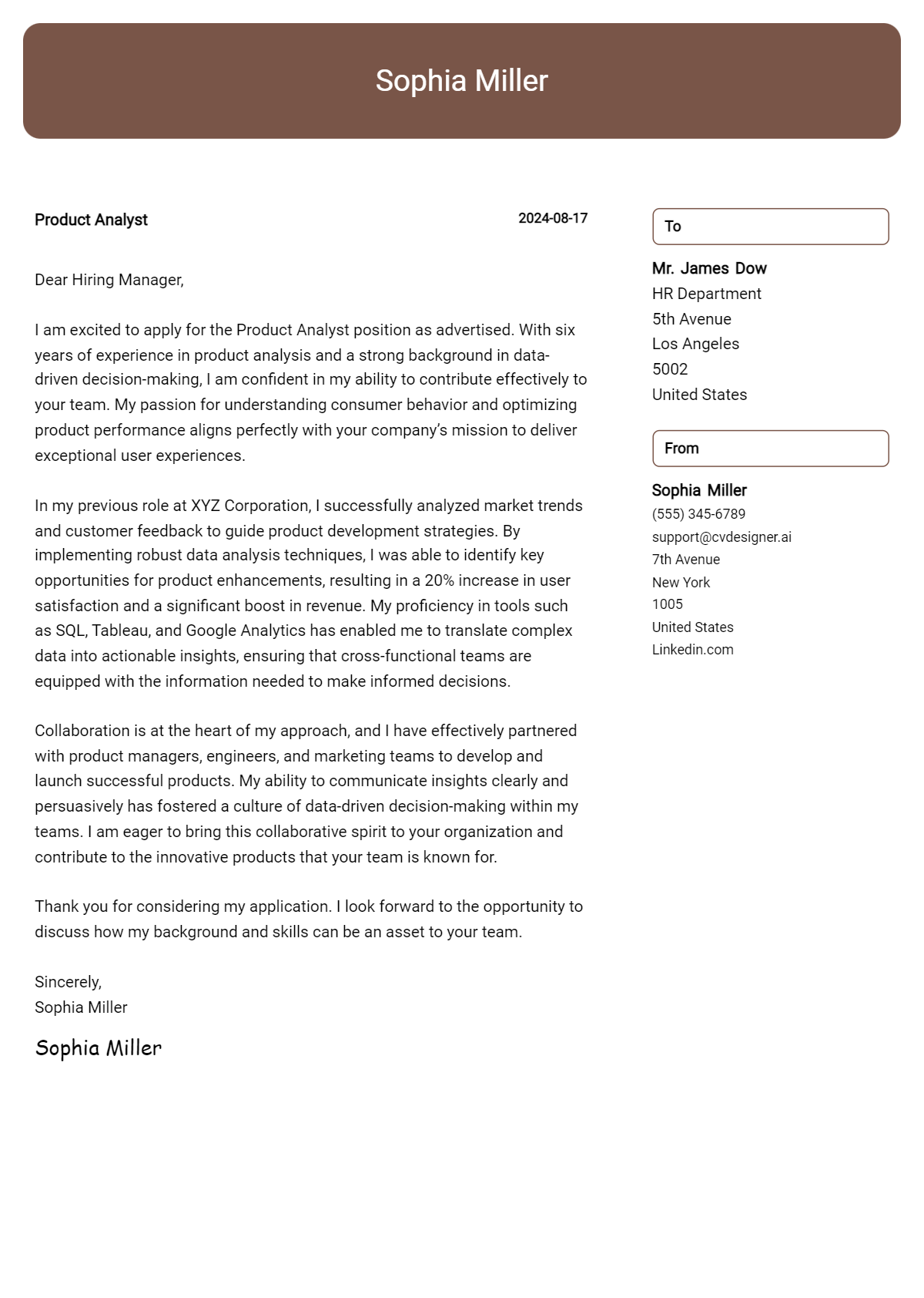 product analyst cover letter example