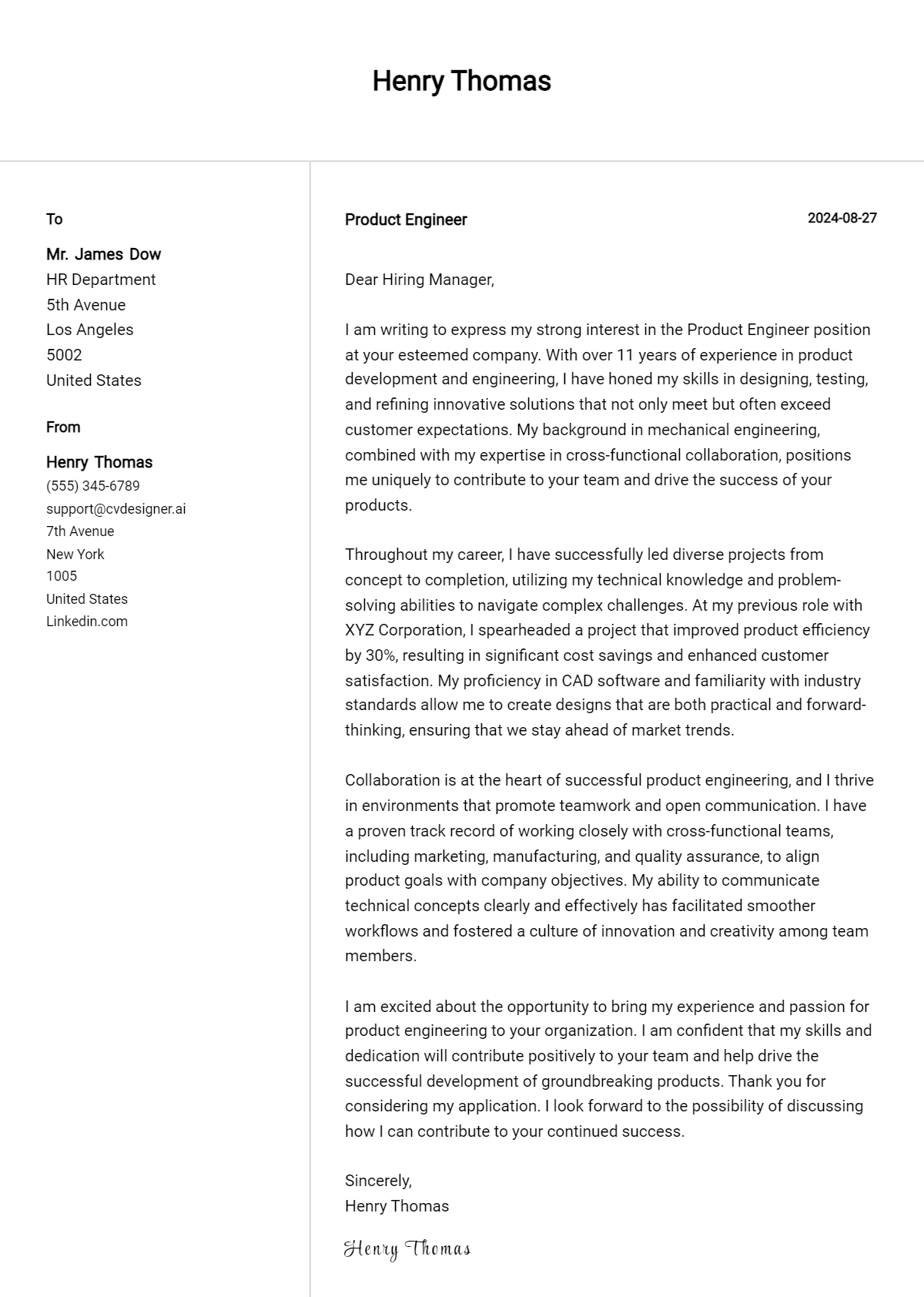 product engineer cover letter example