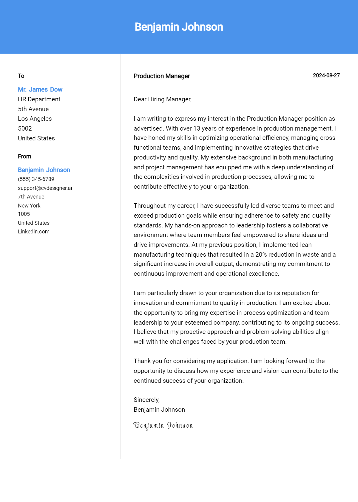 production manager cover letter example