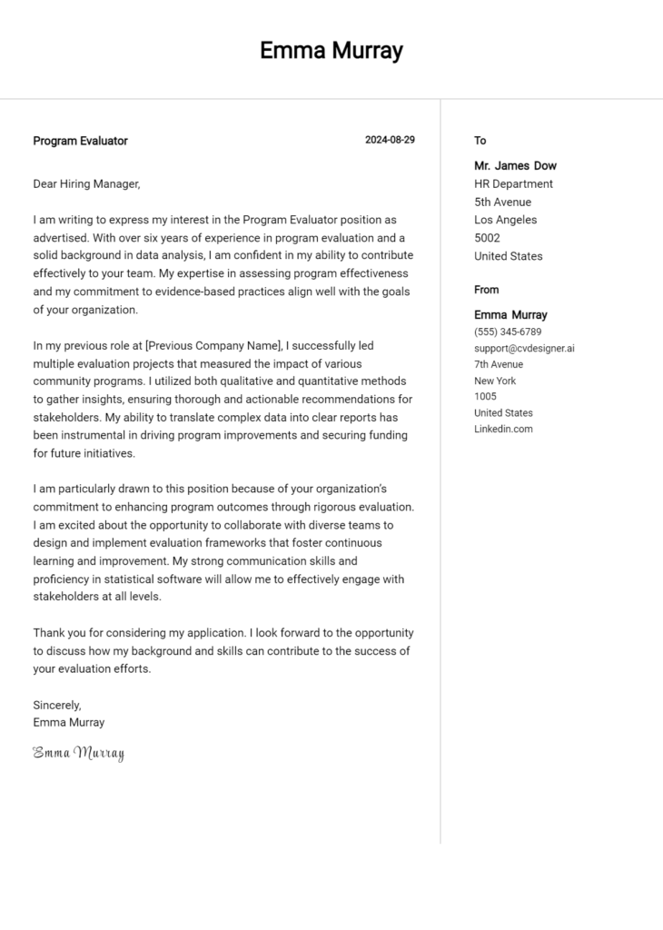 program evaluator cover letter example