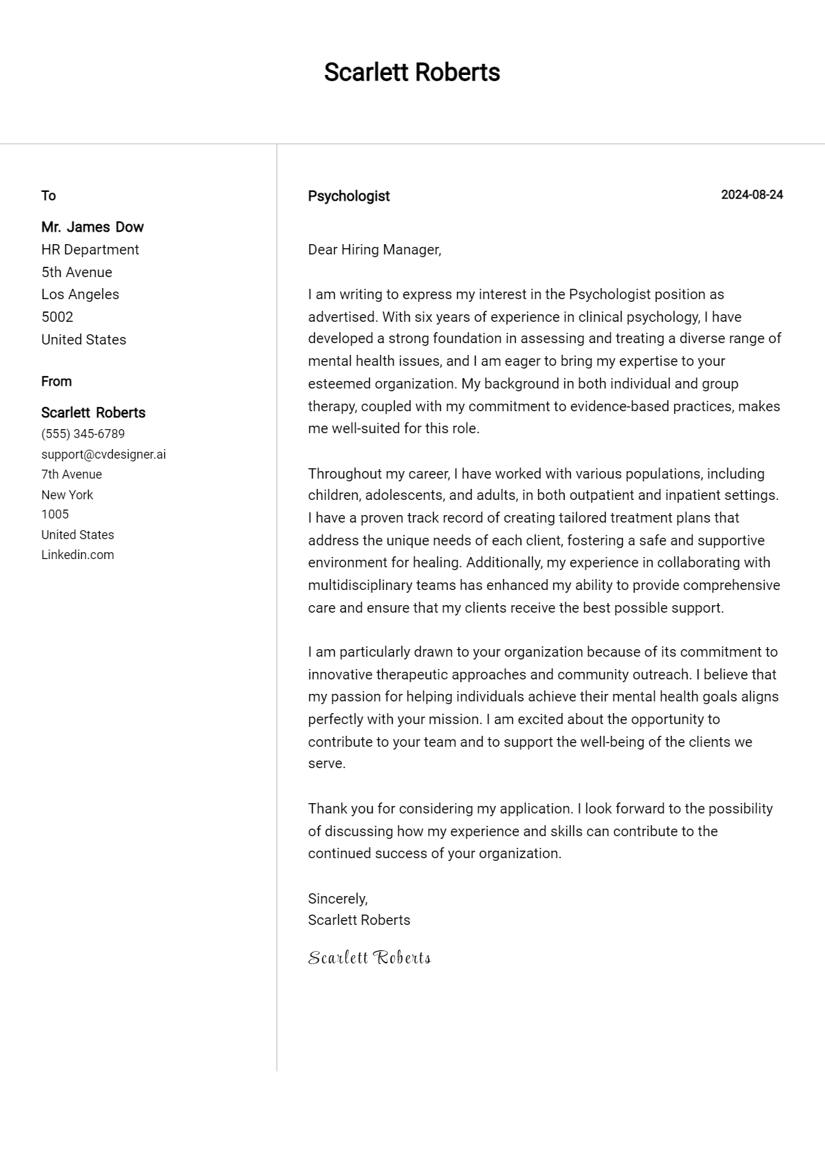 psychologist cover letter example