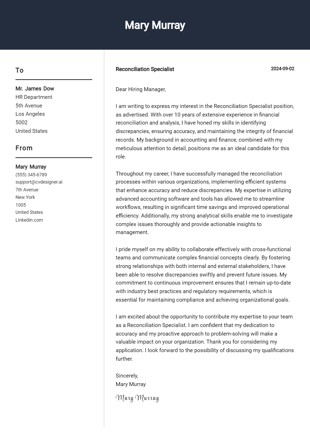 reconciliation specialist cover letter example