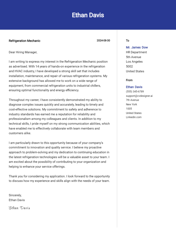 refrigeration mechanic cover letter example