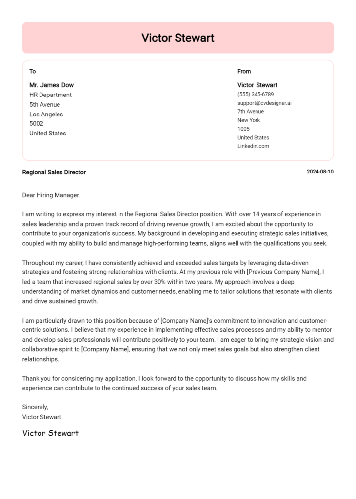 regional sales director cover letter example